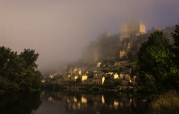 Туман, замок, Франция, утро, средневековый, Шато-де-Бейнак, река Дордонь