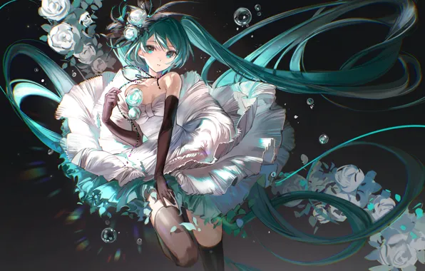 Мыльные пузыри, корсет, vocaloid, Hatsune Miku, белое платье, длинные волосы, белые розы, Хатсуне Мику