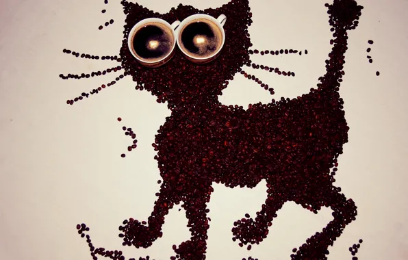 Картинка кошка, креатив, фон, кофе, зерна, чашки, композиция