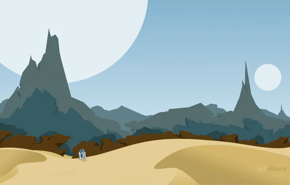 Картинка горы, пустыня, планеты, робот, star wars, r2d2