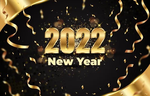 Золото, цифры, Новый год, golden, черный фон, new year, happy, серпантин