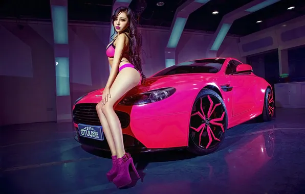 Aston Martin, Vantage, Pink, Girl, Sexy, Model, Body, V12