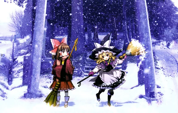 Зима, шляпа, лестница, метла, снегопад, touhou, art, an2a