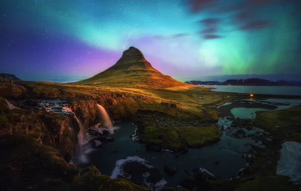 Картинка небо, звезды, ночь, гора, Исландия