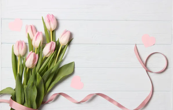 Картинка цветы, букет, лента, тюльпаны, розовые, wood, pink, flowers