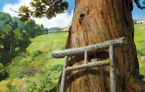 Картинка лето, art, Hayao Miyazaki, ствол дерева, Spirited Away, Унесенные призраками, ворота тории