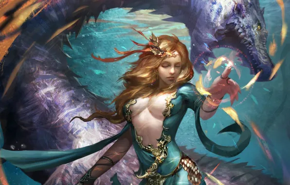 Девушка, дракон, арт, под водой, legend of the cryptids