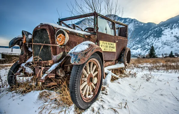 Картинка glass, wood, snow, left, rust, old car