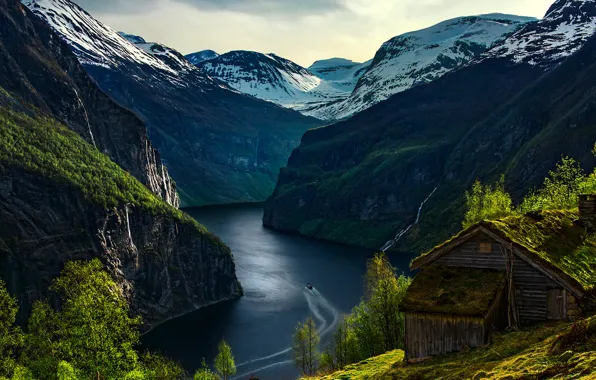 House, landscape, Norway, boat, House on Geiranger Fjord in Norway