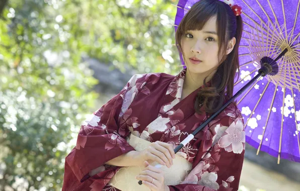 Кимоно, brown eyes, umbrella, размытый фон, карие глаза, национальная одежда, kimono, blurred background