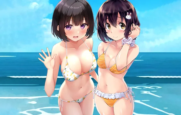 Sexy, cleavage, beach, sky, sea, girls, boobs, anime