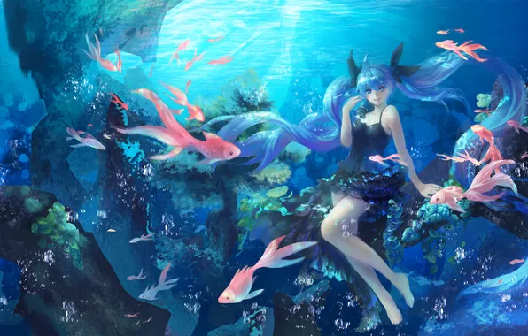 Море, девушка, рыбки, арт, vocaloid, hatsune miku, под водой, shinkai shoujo