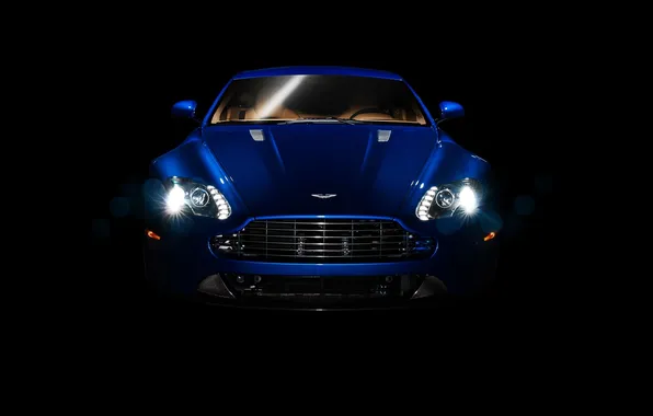 Синий, Aston Martin, фары, суперкар, полумрак, передок, Астон Мартин, Вантаж