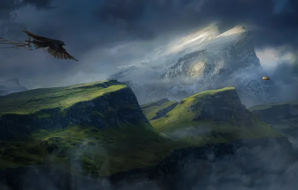 Картинка облака, горы, туман, птица, каньон, дирижабль, полёт, desktopography