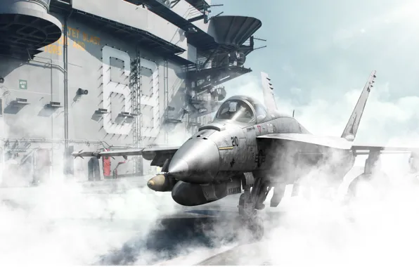 Картинка самолет, дым, корабль, истребитель, палуба, бомбардировщик, штурмовик, американский
