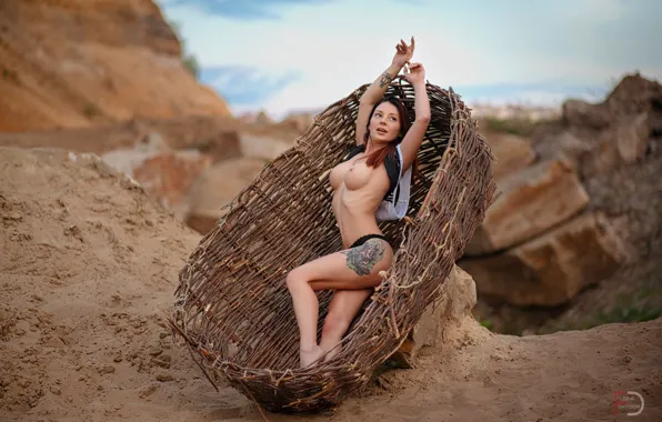 Sky, desert, boobs, rocks, model, tattoo, women, redhead