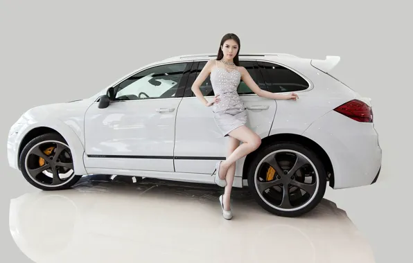 Взгляд, фон, Девушки, Porsche, азиатка, красивая девушка, белый авто, позирует над машиной