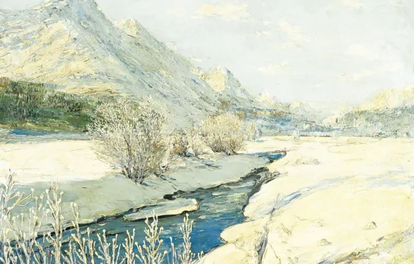Картинка пейзаж, горы, ручей, картина, Georgy Lapchin, Георгий Лапшин, Долина в Снегу