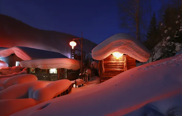 Картинка зима, снег, пейзаж, природа, дома, вечер, деревня, освещение