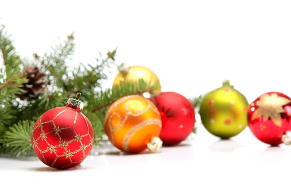 Картинка зима, шарики, ветки, игрушки, ель, Новый Год, зеленые, Рождество