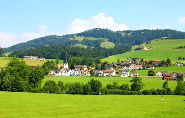 Картинка холмы, поля, дома, Швейцария, леса, Sankt Gallen