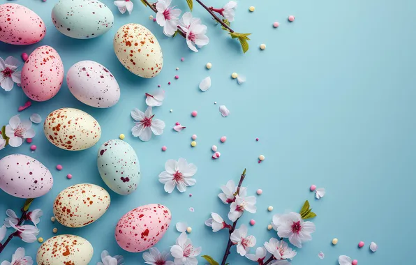 Цветы, яйца, весна, Пасха, happy, blossom, flowers, spring