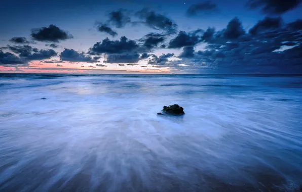 Картинка море, пляж, облака, закат, камень