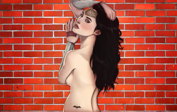 Девушка, Стена, Girl, Голая, Спина, Wonder Woman, Супергерой, Beautiful