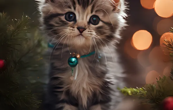 Кошка, взгляд, ветки, поза, котенок, шарик, Рождество, Новый год