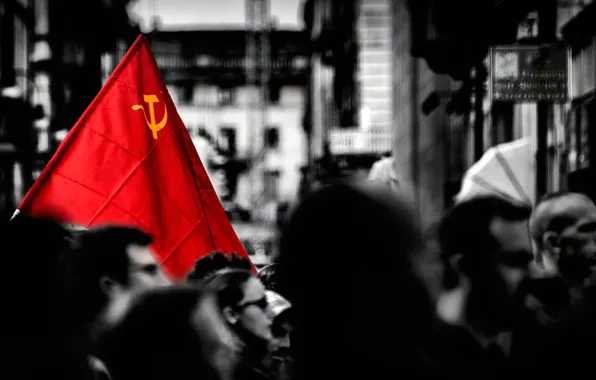 Картинка монохром, демонстрация, красный флаг, Мир! Труд! Май!, 1 МАЯ