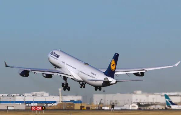 Картинка Самолет, День, Взлет, Lufthansa, Airbus, В Воздухе, Авиалайнер, A340