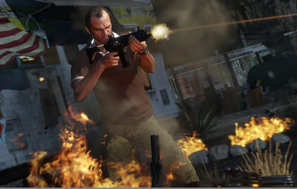 Картинка Fire, Shooting, Weapons, Grand Theft Auto V, GTA V, Philips, Trevor