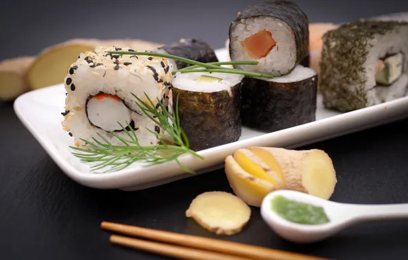 Картинка зелень, палочки, укроп, rolls, sushi, суши, роллы, японская кухня