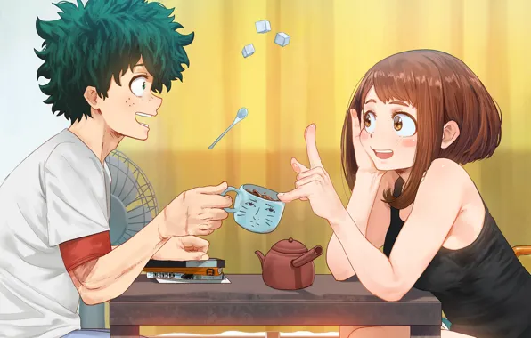 Ложка, чашка, сахар, двое, Boku no Hero Academia, Мидория Изуку, Урарака, Моя геройская акадеимя