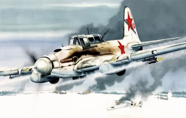 Картинка aircraft, war, art, airplane, painting, ww2, Ilyushin Il-2, IL-2 Sturmovik