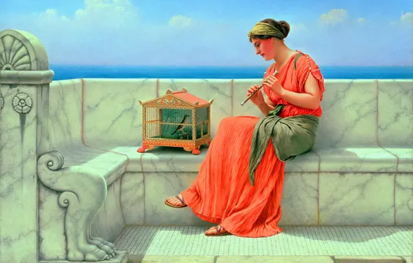 Девушка, Птица, Картина, Клетка, John William Godward, Джон Уильям Годвард, Английский художник-неоклассицист, Песня без слов