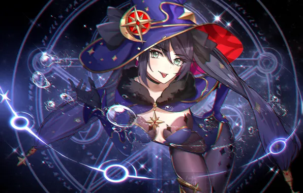 Девушка, капли, магия, показывает язык, Mona, Genshin Impact