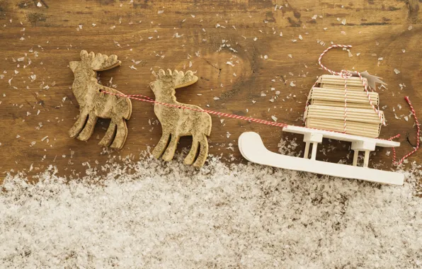 Снег, фон, праздник, игрушка, сани, олени