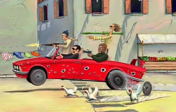 Картинка машина, оружие, улица, рисунок, окна, погоня, юмор, бандиты