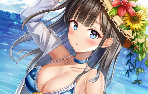 Girl, sexy, cleavage, beach, long hair, sea, boobs, anime