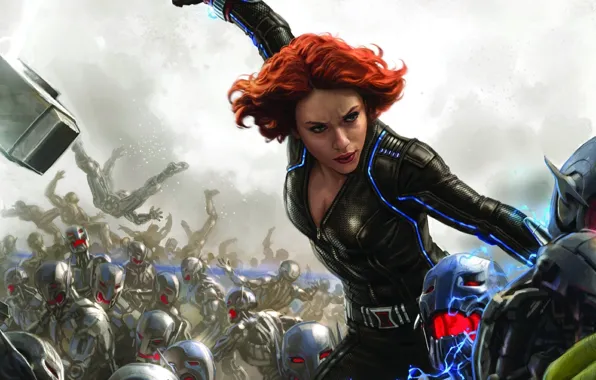 Картинка Scarlett Johansson, battlefield, girl, Fantasy, red hair, woman, war, Marvel