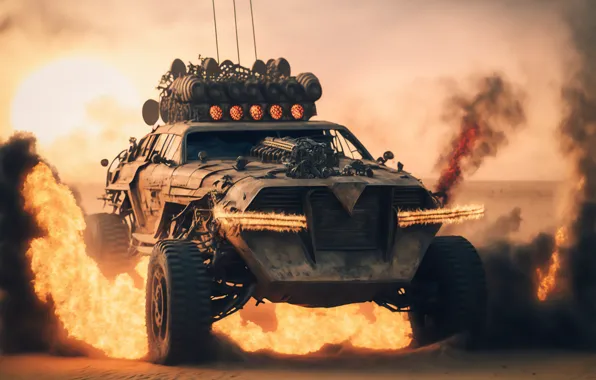 Car, fire, flame, smoke, sun, sand, apocalypse, Mad Max