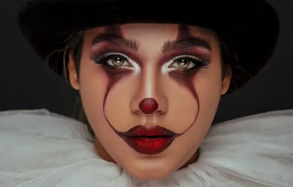 Girl, hat, model, lips, face, clown, portrait, make up