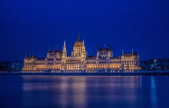Картинка река, здание, архитектура, ночной город, Венгрия, Hungary, Будапешт, Budapest