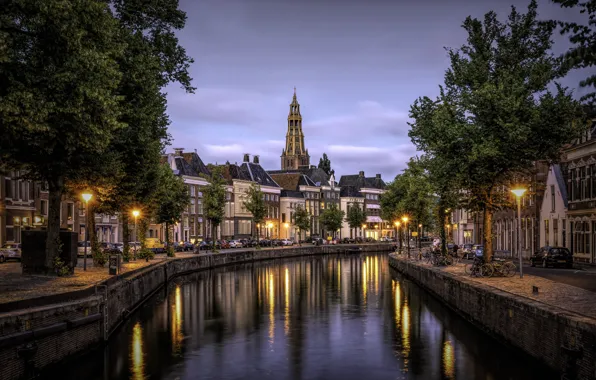 Город, здания, дома, вечер, освещение, канал, Нидерланды, Голландия