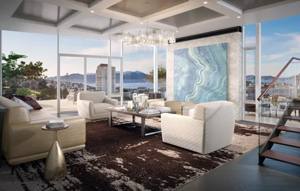 Интерьер, мегаполис, San Francisco, гостиная, grand penthouse, Pacific Heights