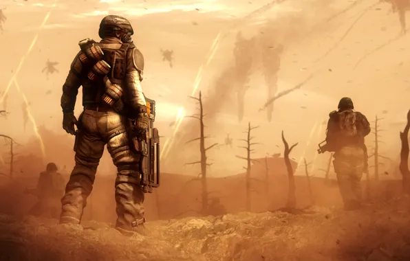 Песок, деревья, солдат, killzone, пустошь, постапокалипсис