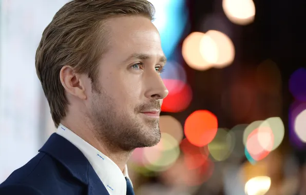 Огни, фото, фон, костюм, профиль, актёр, боке, Ryan Gosling