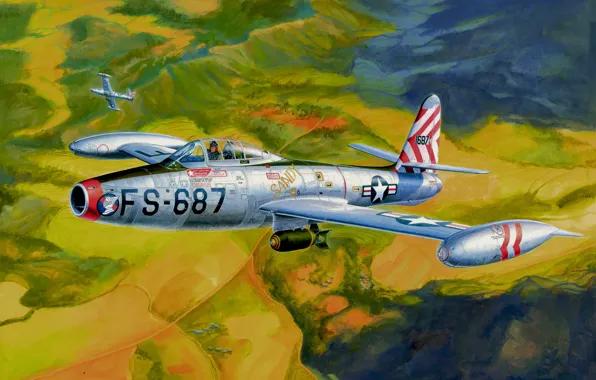 Картинка bomber, war, art, painting, aviation, jet fighter, Republic F-84 Thunderjet