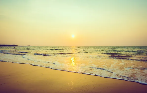Картинка песок, море, пляж, закат, beach, sky, sea, sunset